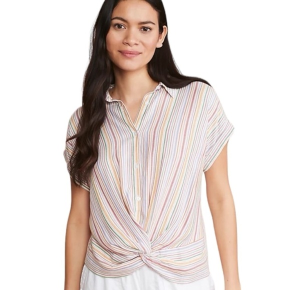 Lou & Grey Striped‎ Twist Front Blouse Top Size Small Casual Rainbow - Picture 1 of 12